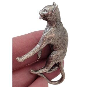 Sterling Silver Signed Clear Rhinestone Cat With Faux Pearl Ball Pin Brooch E710